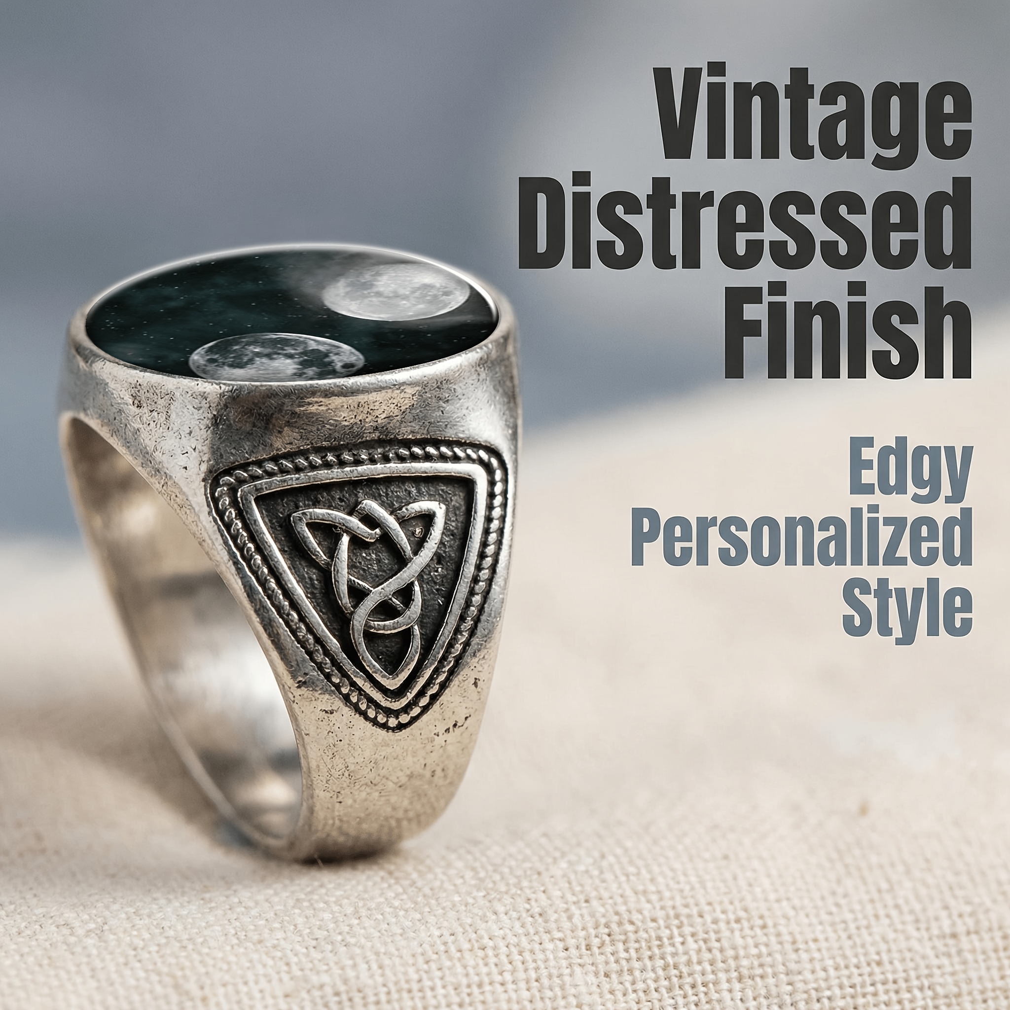 Classic Side-Engraved Open Ring with Moons and Stars Design